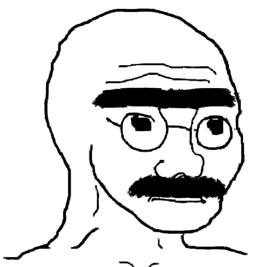 a wojak drawn in crude rage-comic line art with round glasses and a bushy moustache, one single thick eyebrow fused across both eyes with no gap in the middle